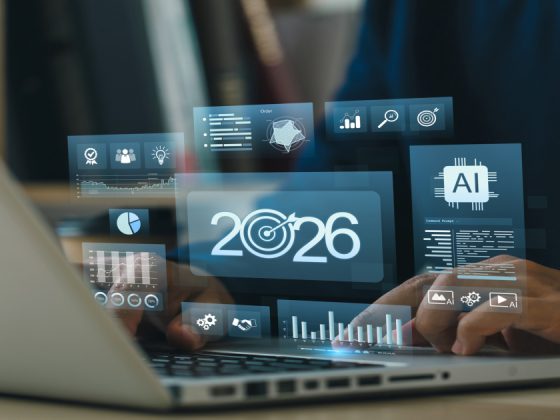 Futuristic illustration of AI and business analytics for 2026, representing the growth of AI jobs and careers worldwide.