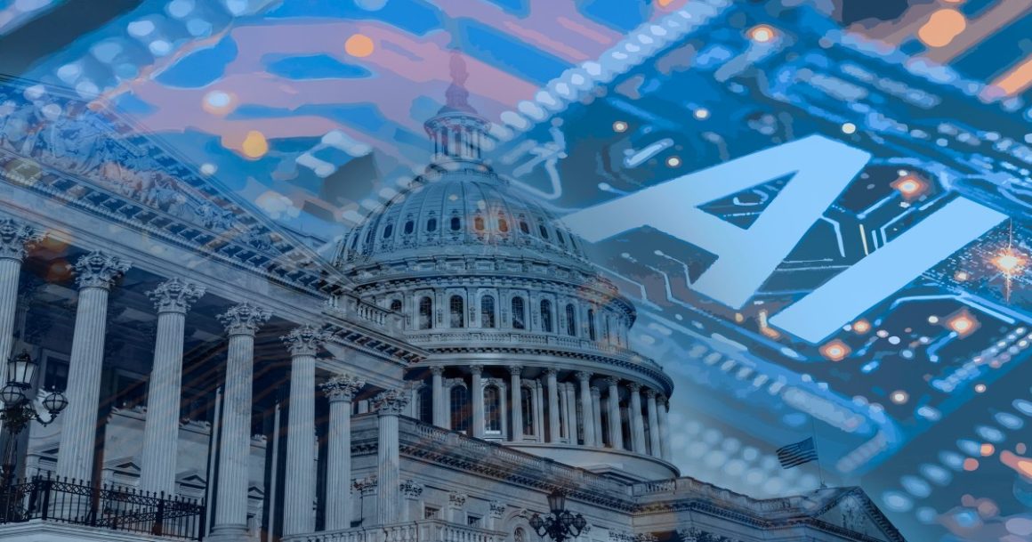 Digital illustration of the U.S. Capitol building overlaid with circuit board patterns and the letters "AI," symbolizing AI governance and regulation.