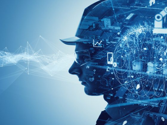 A digital illustration of a human silhouette filled with industrial and technology elements representing big data engineering concepts