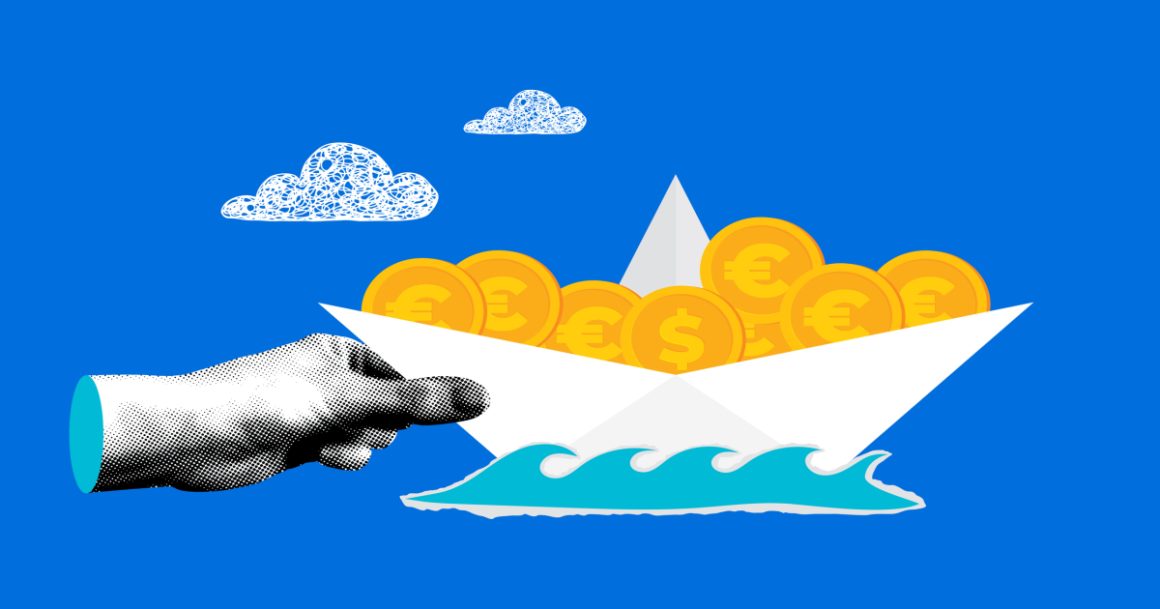 Illustration of a hand steering a money-filled origami boat symbolizing UI/UX designer salary growth and career advancement in 2026.