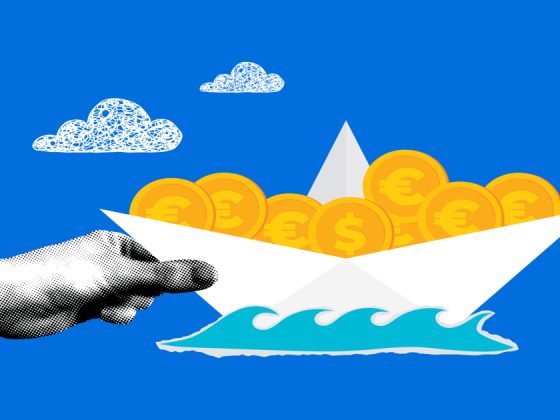 Illustration of a hand steering a money-filled origami boat symbolizing UI/UX designer salary growth and career advancement in 2026.
