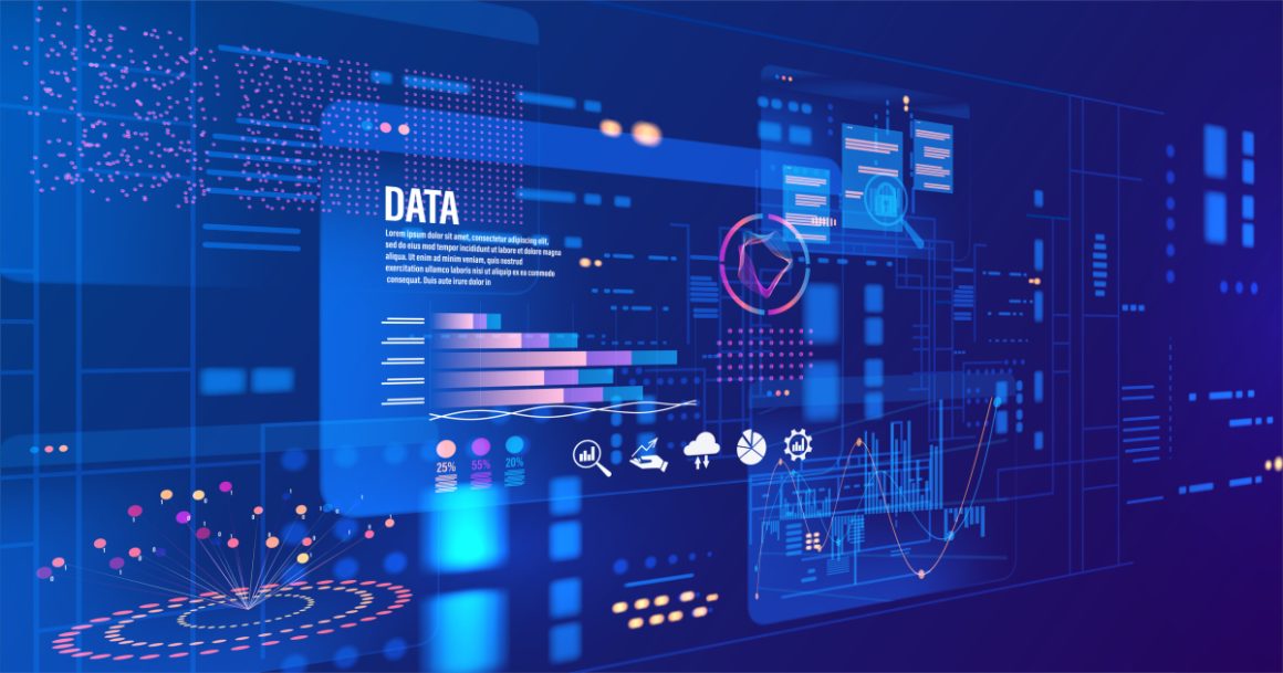 Abstract big data analytics visualization dashboard representing machine learning, data science, and business intelligence technology.