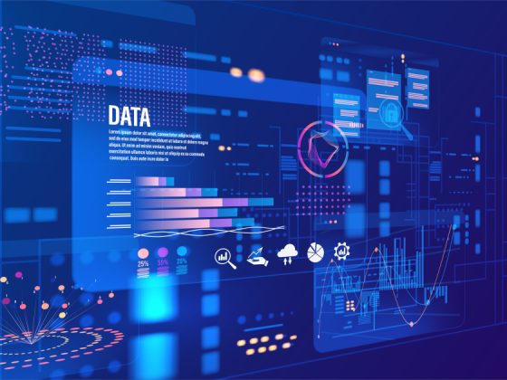 Abstract big data analytics visualization dashboard representing machine learning, data science, and business intelligence technology.