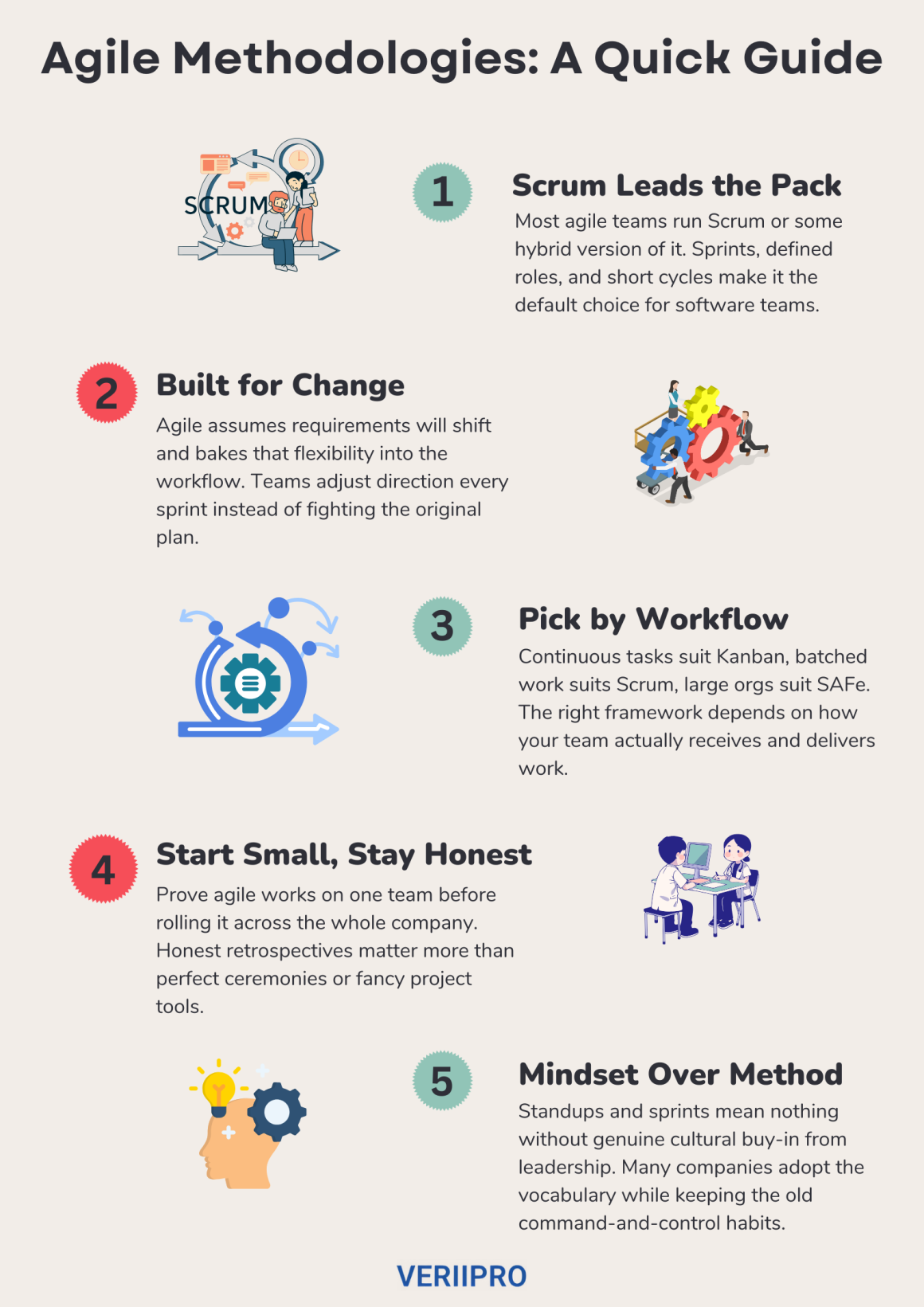VeriiPro infographic titled "Agile Methodologies: A Quick Guide" outlining five points: Scrum leads the pack, built for change, pick by workflow, start small, and mindset over method.