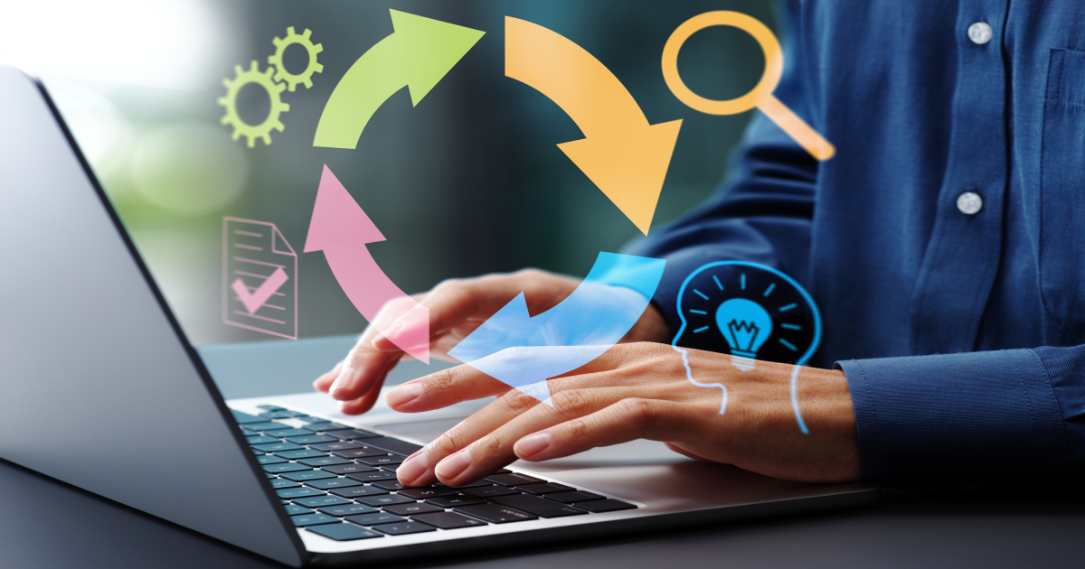 Agile feedback loop concept with a businessman using a laptop, illustrating iterative cycles and continuous improvement in project management.