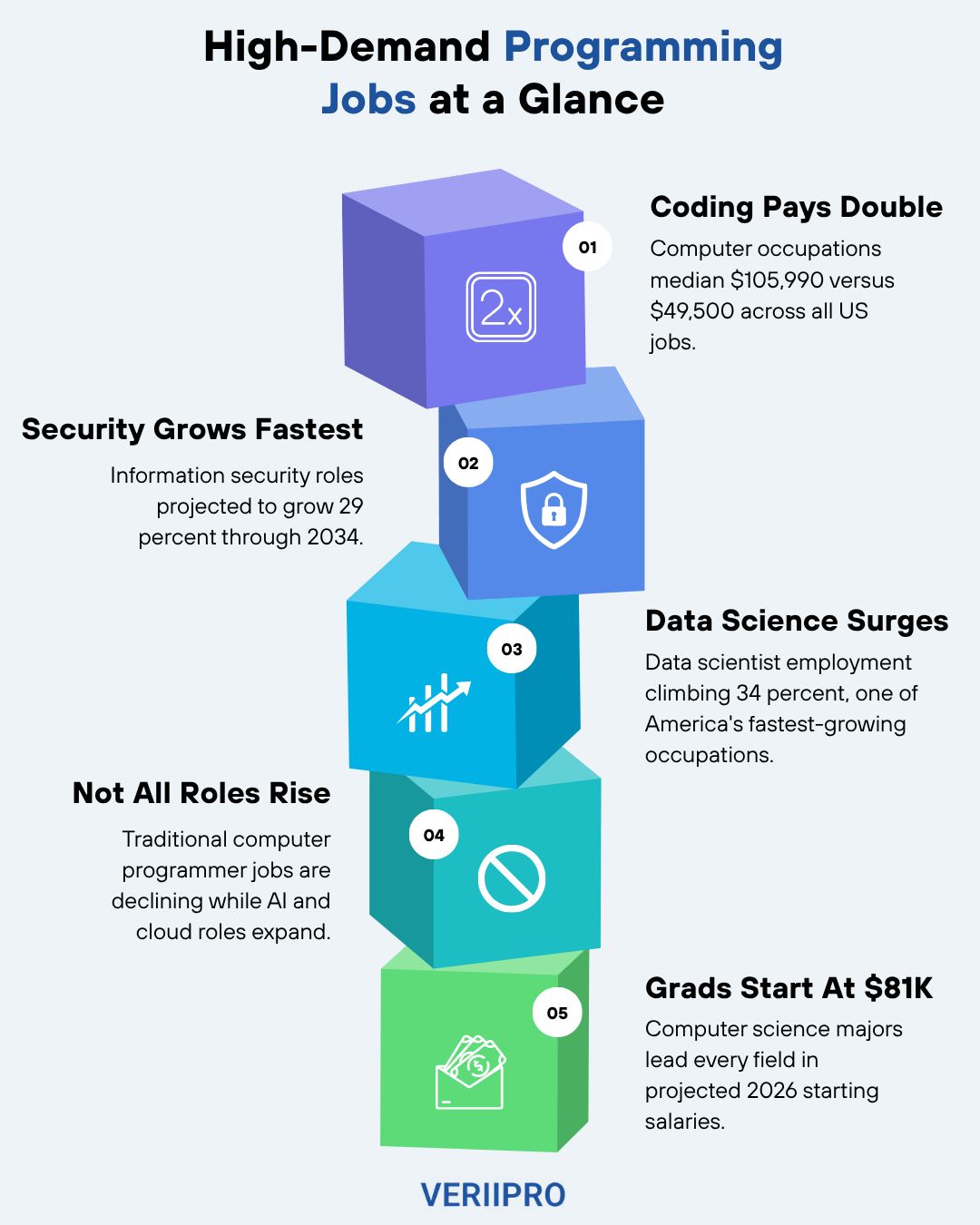High-demand programming jobs infographic showing computer programmer salary data, growth rates, and entry level coding jobs