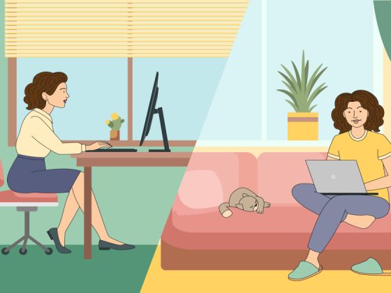 Split illustration showing a woman working at an office desk with a monitor on the left and the same woman working on a laptop from her living room couch on the right
