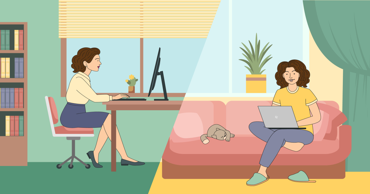 Split illustration showing a woman working at an office desk with a monitor on the left and the same woman working on a laptop from her living room couch on the right