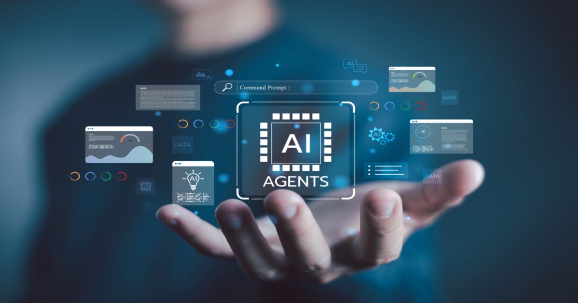 Open hand holding a glowing AI Agents chip surrounded by floating data panels, representing agentic AI in the enterprise