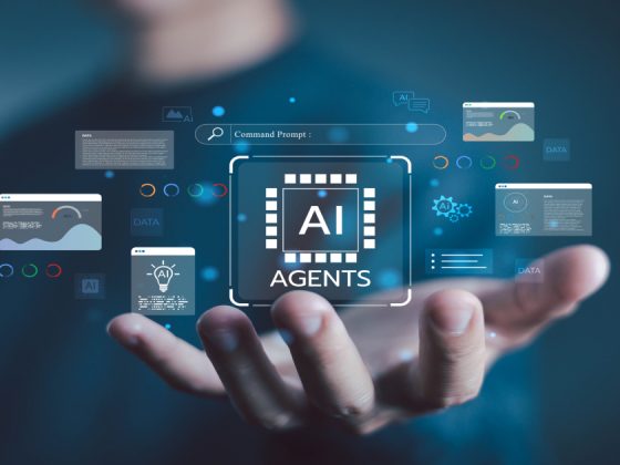 Open hand holding a glowing AI Agents chip surrounded by floating data panels, representing agentic AI in the enterprise