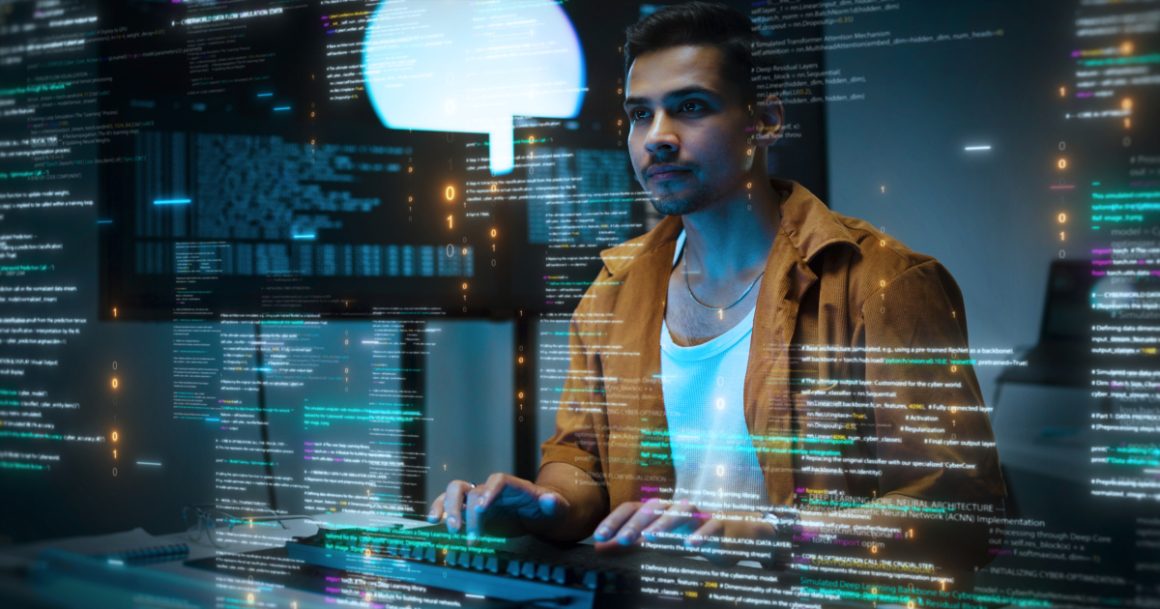 Programmer writing code surrounded by screens showing programming jobs in software development and AI