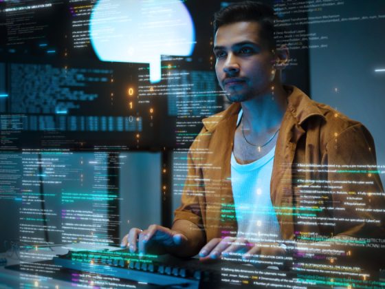 Programmer writing code surrounded by screens showing programming jobs in software development and AI
