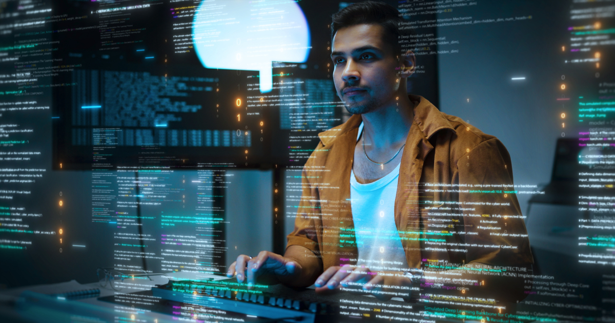 Programmer writing code surrounded by screens showing programming jobs in software development and AI
