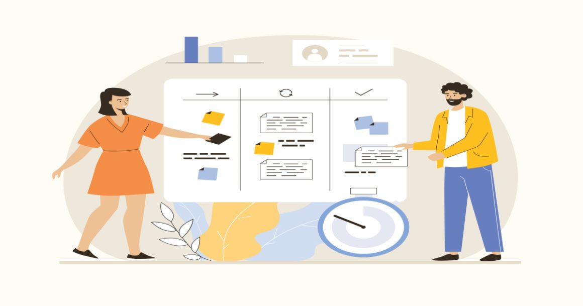 Product manager and project manager working together on a Kanban board