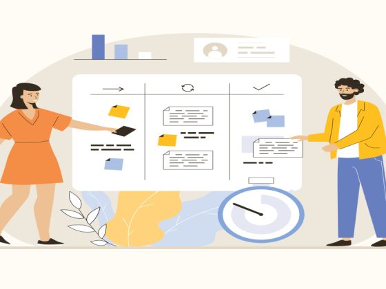 Product manager and project manager working together on a Kanban board