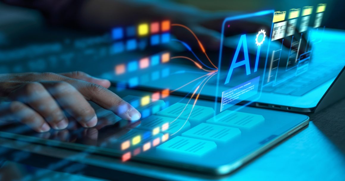 AI-powered automation in IT concept with a hand using a tablet and a holographic AI interface